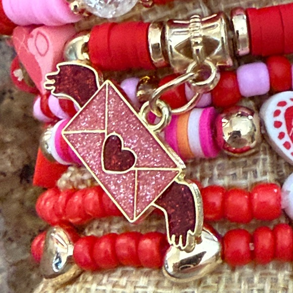 Red and Pink Beaded Charm Bracelet Set Stack - Picture 4 of 4